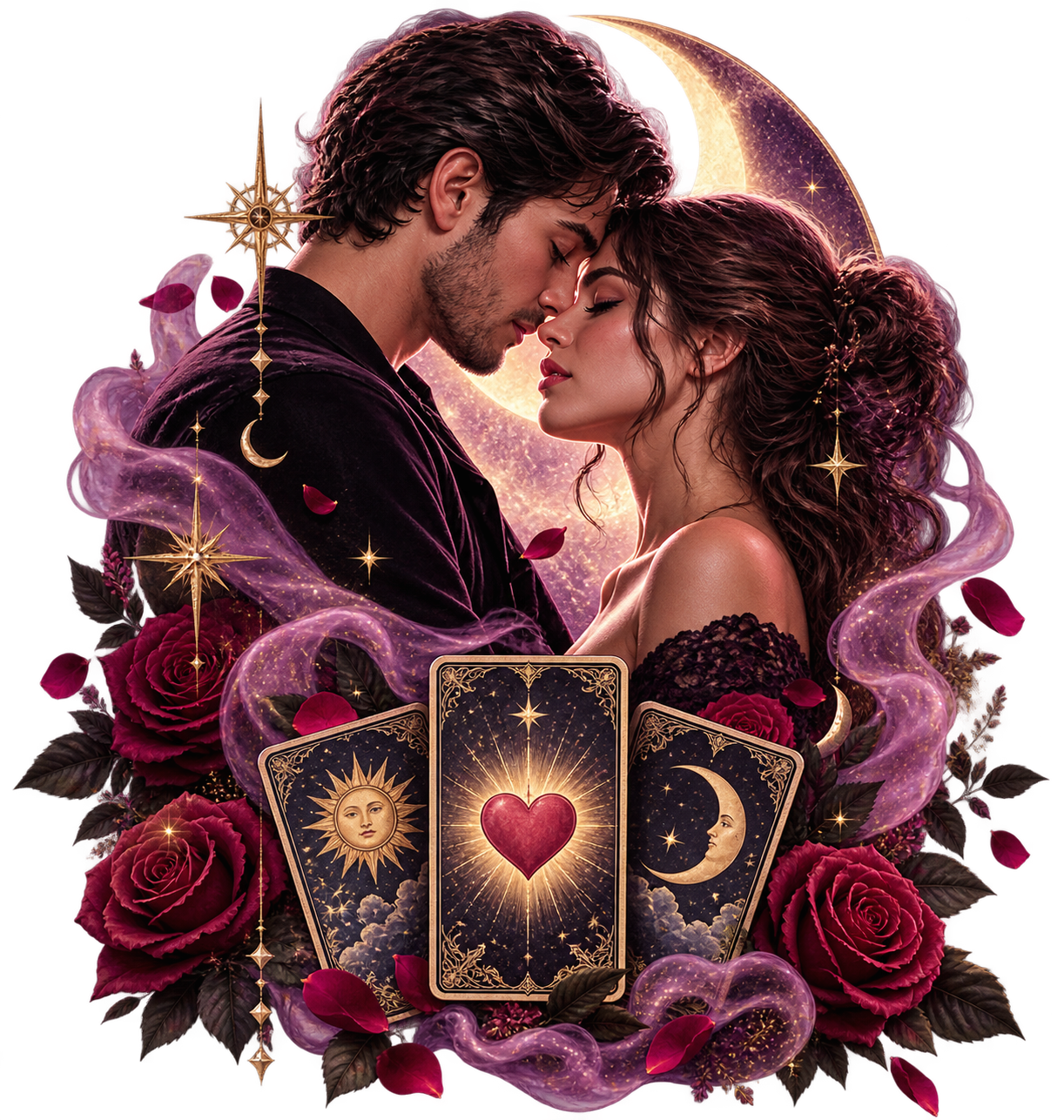 Pareja y cartas de tarot en una composición romántica